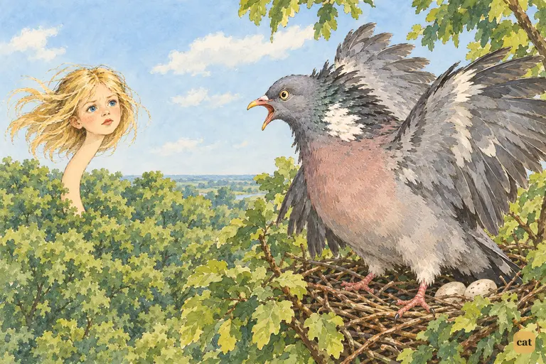 High in the tallest tree, the Pigeon rises from her nest and shrieks at the long-necked Alice.