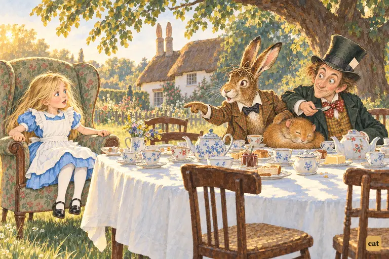The March Hare pounces on Alice's words, and the Hatter joins in over the sleeping Dormouse's head.