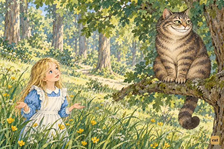Alice shrugs and tells the Cheshire Cat she hasn't been invited to the Queen's croquet