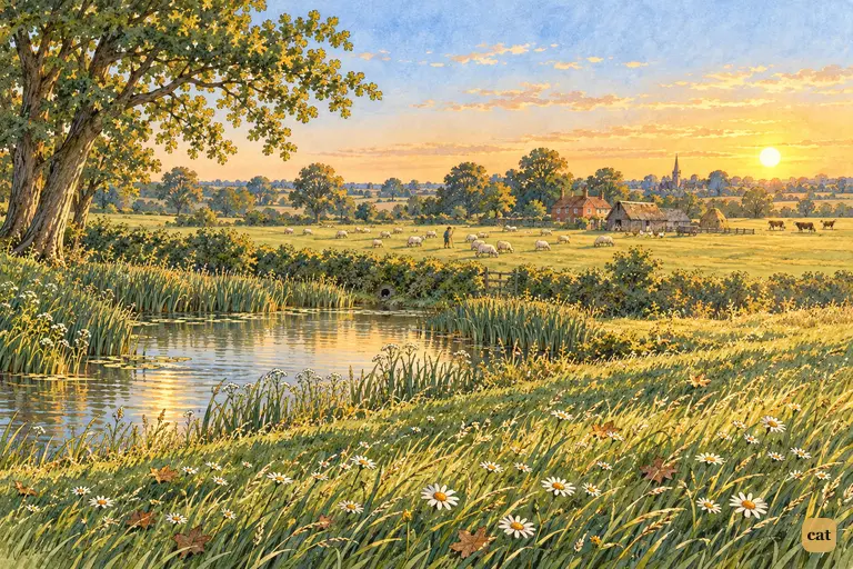 Golden evening countryside: grass, reeds, a shepherd boy, a farm-yard and cattle