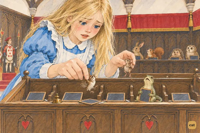 Giant Alice gently sets the ruffled little jurors back on their benches one by one