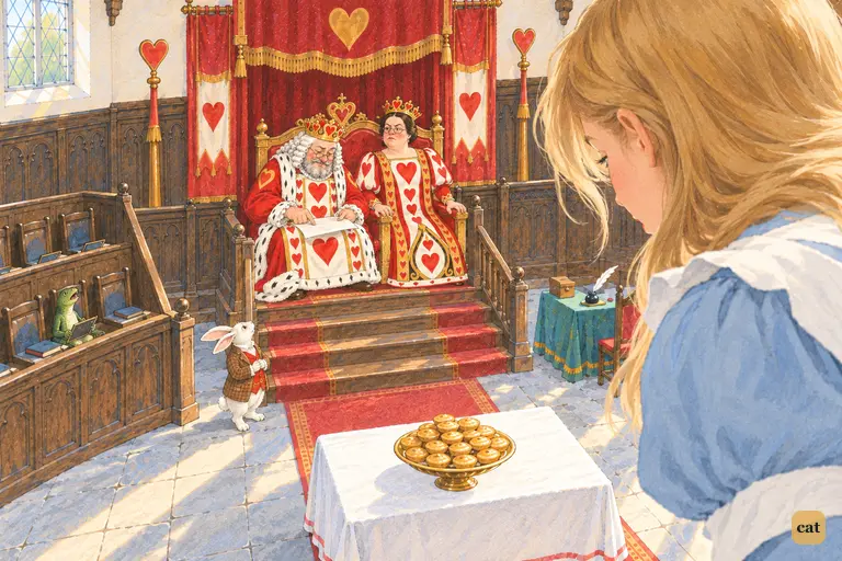 Alice leans over the court and quotes the next line of the verses to the muttering King