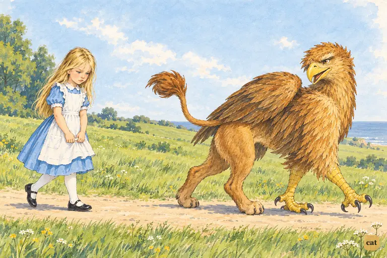 Alice trails sulkily behind the swaggering Gryphon along a sunlit path to the sea
