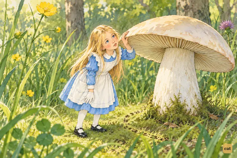 Alone in the wood, tiny Alice peers up under the cap of a large pale mushroom