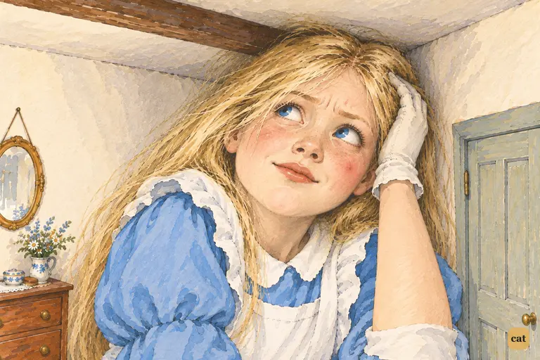 Giant Alice, wedged under the low ceiling of the Rabbit's room, forgets her misery