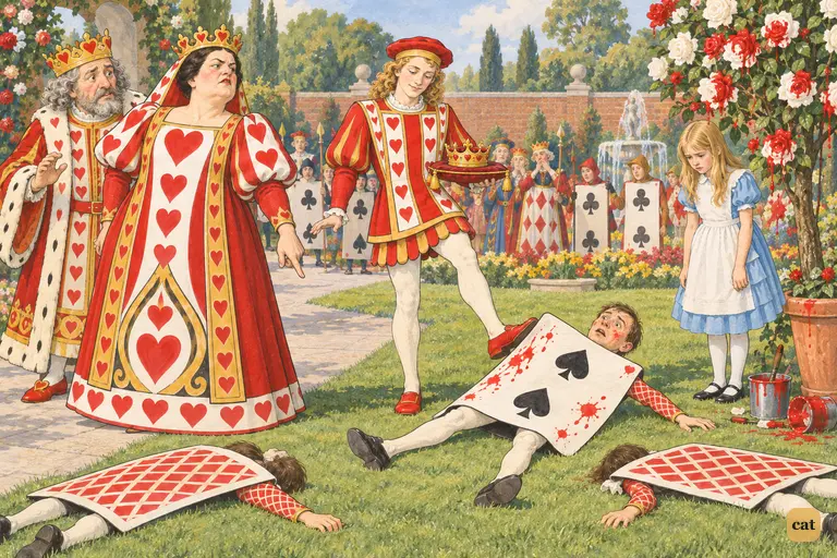 The Queen of Hearts turns from the King and points at the gardeners.