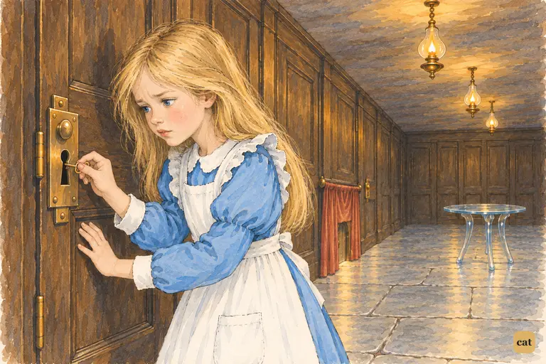 Alice tries the tiny golden key in a huge brass keyhole, but it turns loosely