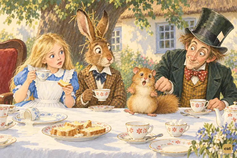 The Hatter pinches the Dormouse, who wakes with a shriek and gabbles about M-words