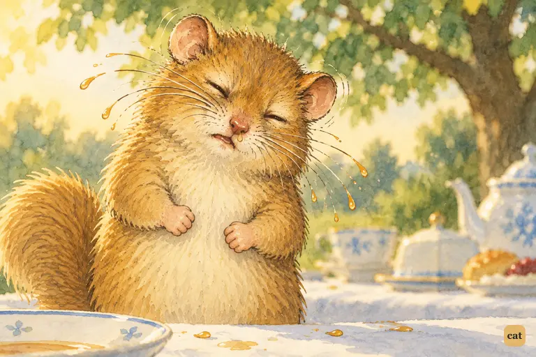 The Dormouse has been woken by hot tea poured on his nose.
