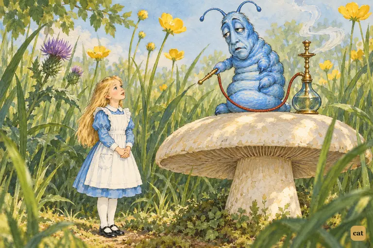 Alice stands to attention in the grass, hands folded, ready to recite Father William