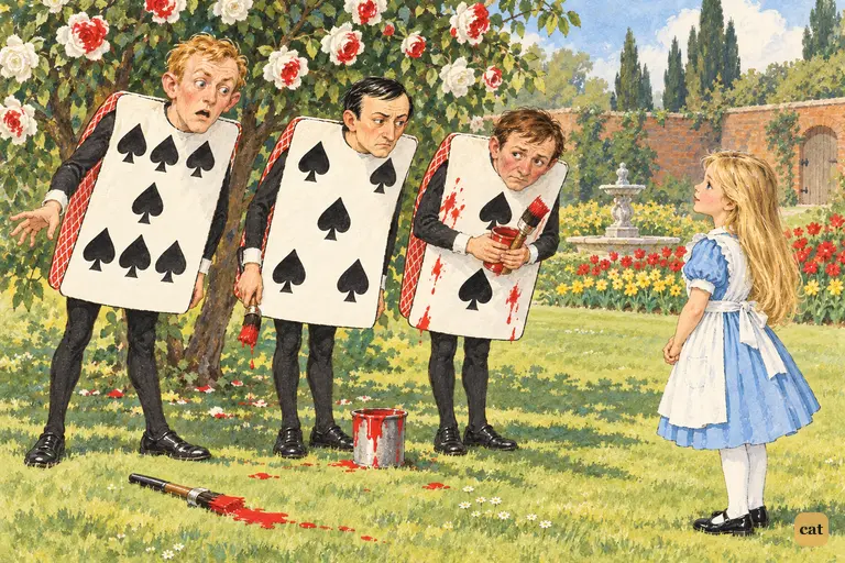 Seven has just flung down his brush in the middle of the quarrel when he sees Alice watching.