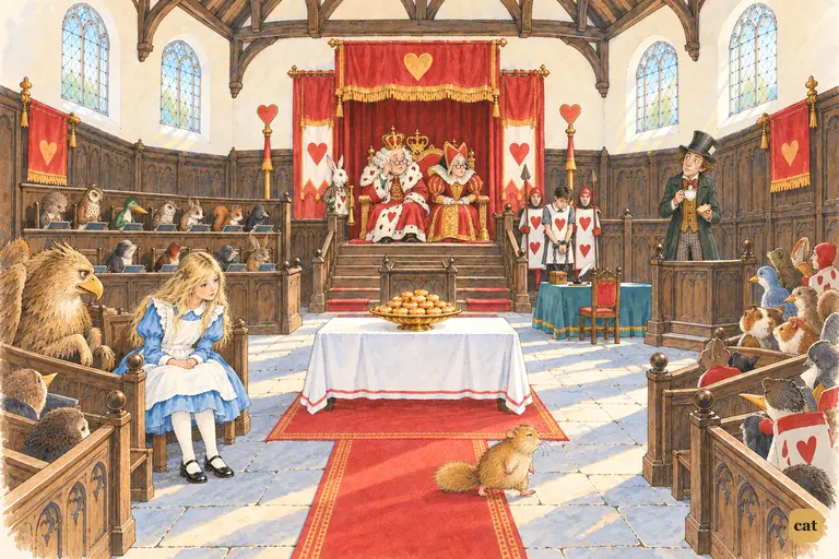 The offended Dormouse walks away from Alice across the crimson aisle