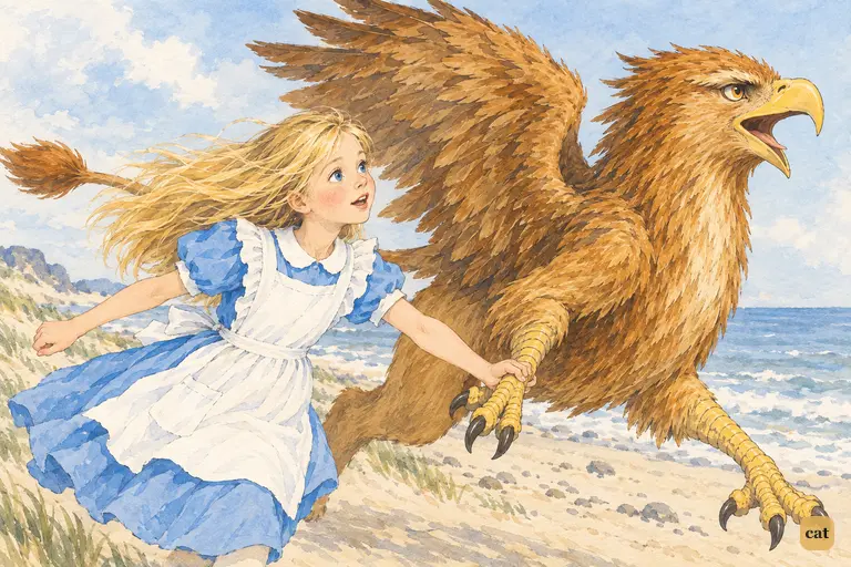 Alice, pulled along by the hand, pants out her question as they race away from the shore.