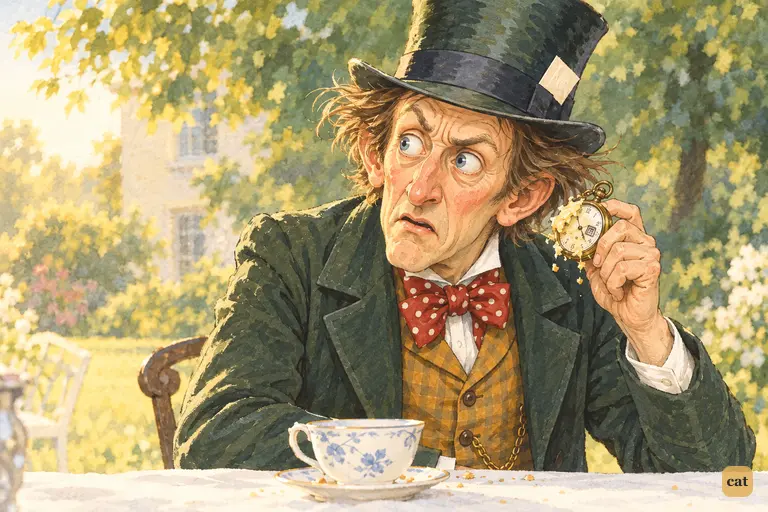 The Hatter holds his buttered watch to his ear and sighs, "Two days wrong!"