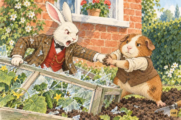 Stuck in the smashed cucumber-frame, the White Rabbit snaps at Pat, who pulls his paw