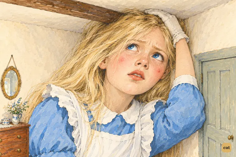 Alice has grown until she fills the White Rabbit's tidy little room.