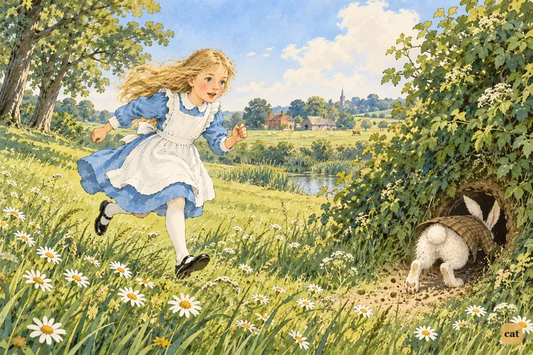 Alice races across the daisy field as the White Rabbit's tail vanishes under the hedge