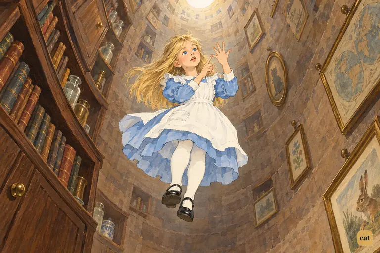 Alice drifts down the shelved well, counting miles on her fingers