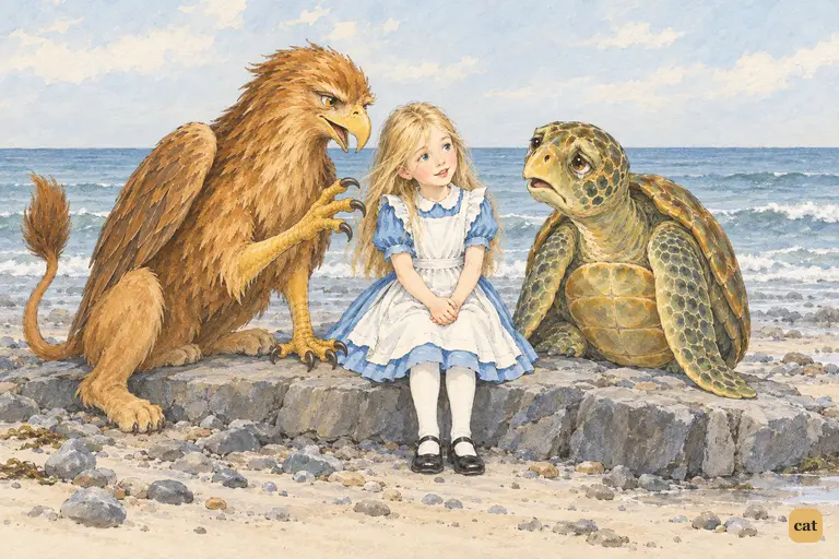 Alice timidly tells the Gryphon and Mock Turtle she was a different person yesterday