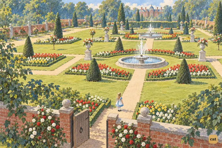 Alice steps through the little door into the bright garden of flower-beds and fountains