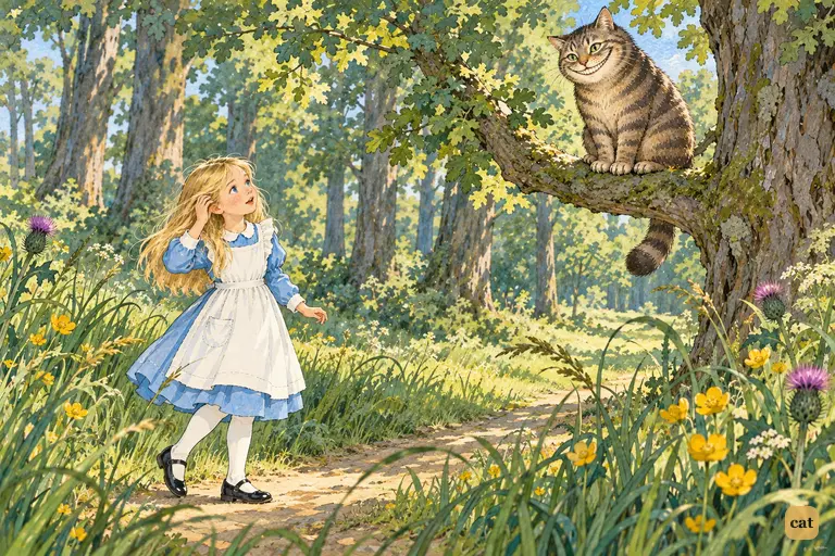 On her way to the March Hare's house, Alice finds the Cheshire Cat on a branch ahead