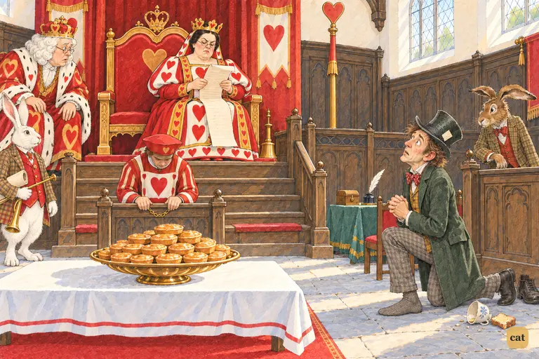 The Hatter kneels in his socks among his spilled tea things and asks to finish his tea.
