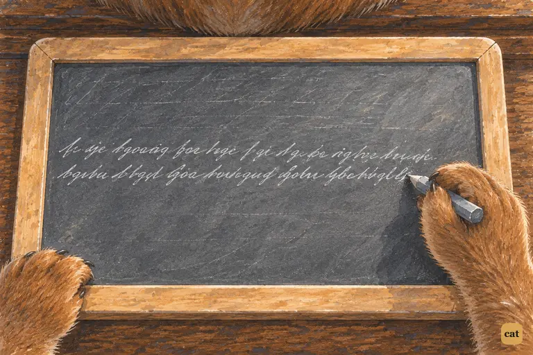 A furry juror crams Alice's scornful remark onto a slate word for word