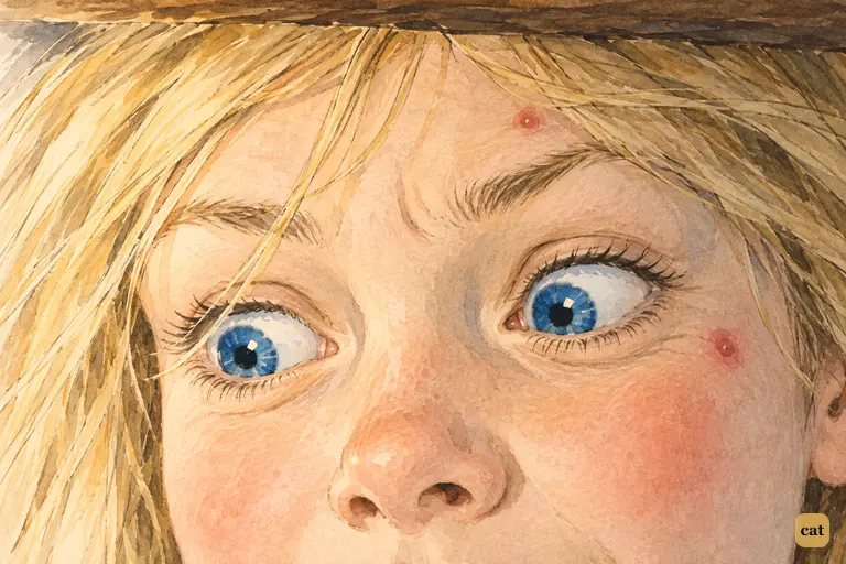 Alice is jammed under the ceiling of the Rabbit's house with a pebble mark on her cheek.