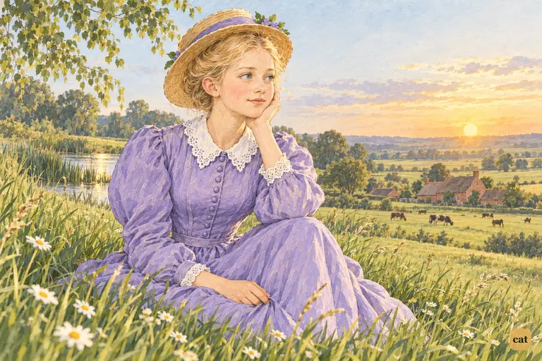 Alone on the bank at sunset, Alice's sister rests her cheek in her hand.