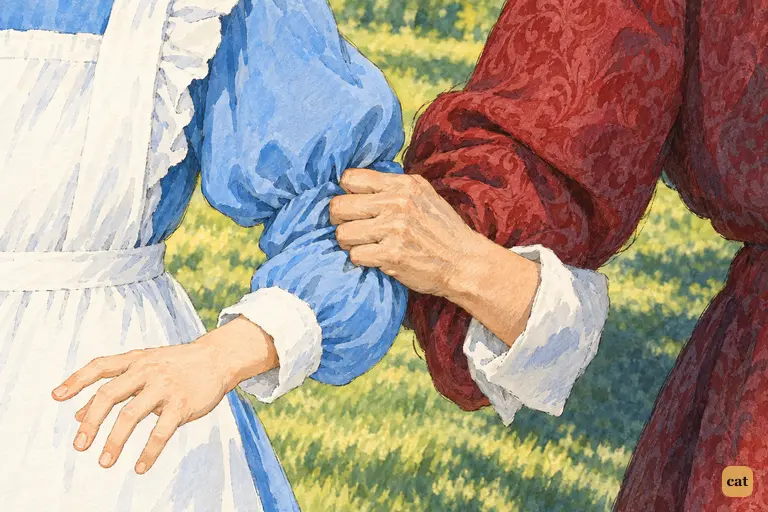 The Duchess breaks off mid-word, and her arm hooked through Alice's starts to shake