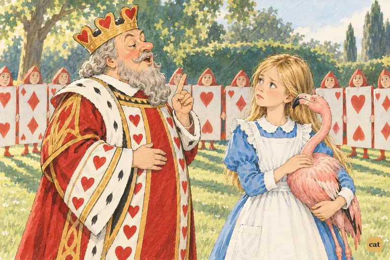 The King of Hearts wags a finger at Alice: anything with a head can be beheaded