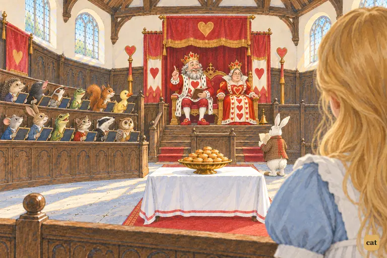 The animal jurors look up, relieved, as the King says the Knave imitated another hand