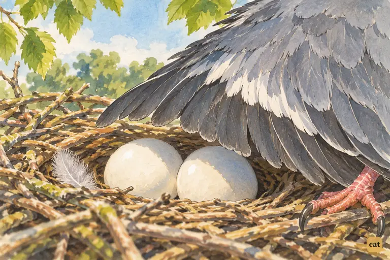 Two pale, fragile eggs in a twig nest, half-covered by the Pigeon's ruffled wing