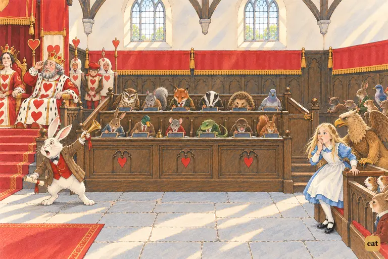 The White Rabbit's shrill cry of silence freezes Alice half-risen mid-outburst