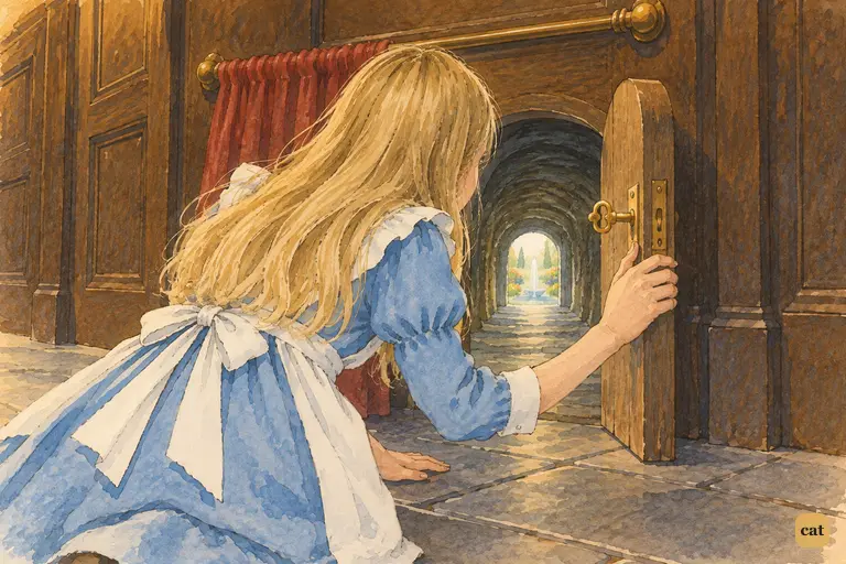 Alice kneels in the dim hall and looks down the tiny passage.