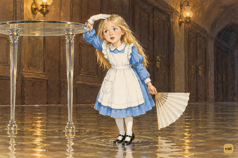 Two-foot Alice checks her height against the glass table, the Rabbit's glove on her head