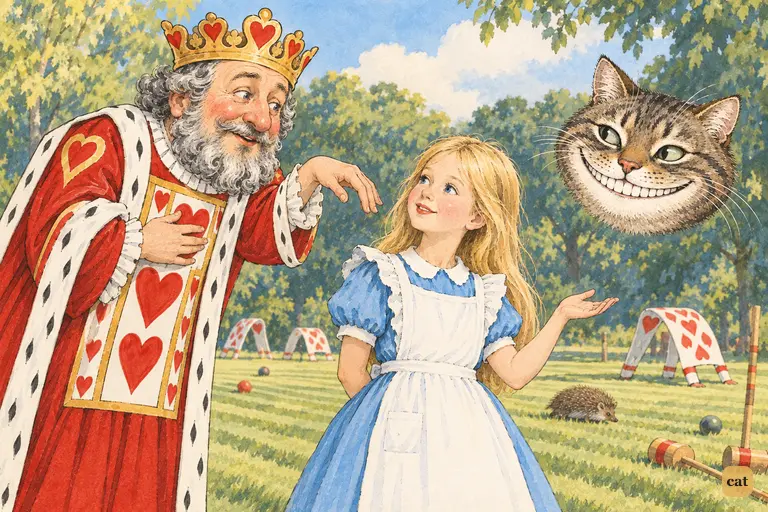 The timid King of Hearts holds out his hand for the Cheshire Cat's floating head to kiss