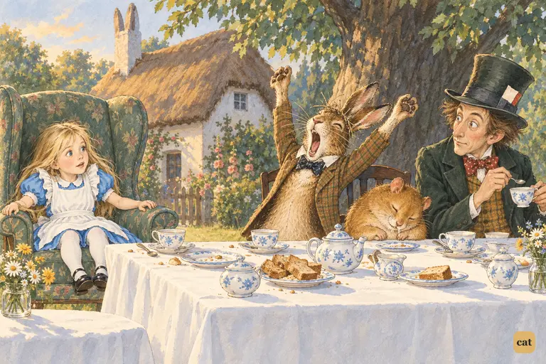The March Hare gives a huge, lazy yawn and says the young lady should tell a story