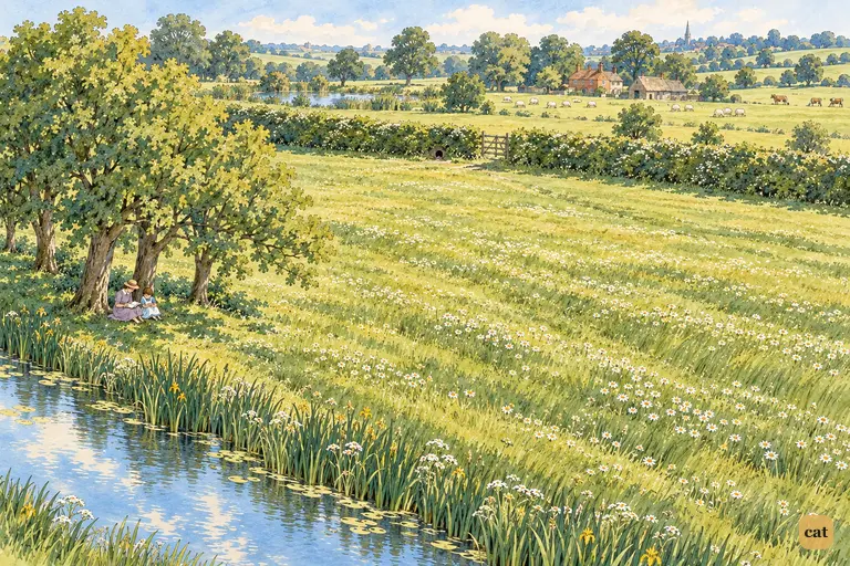 A bright river, daisy field and long green hedge on a hot May afternoon