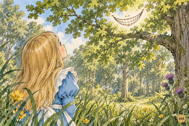 Alice stands still in the long grass and gazes up in hushed wonder at the Cheshire Cat's grin.