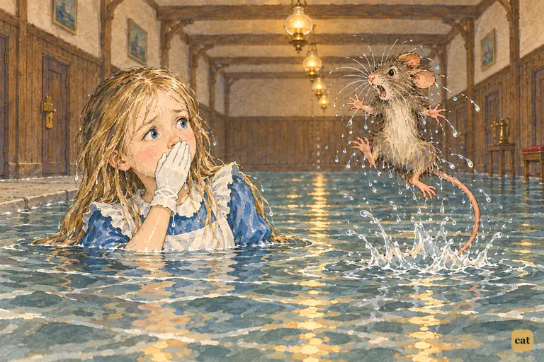 Alice tries her first French sentence on the Mouse, and it asks where her cat is.