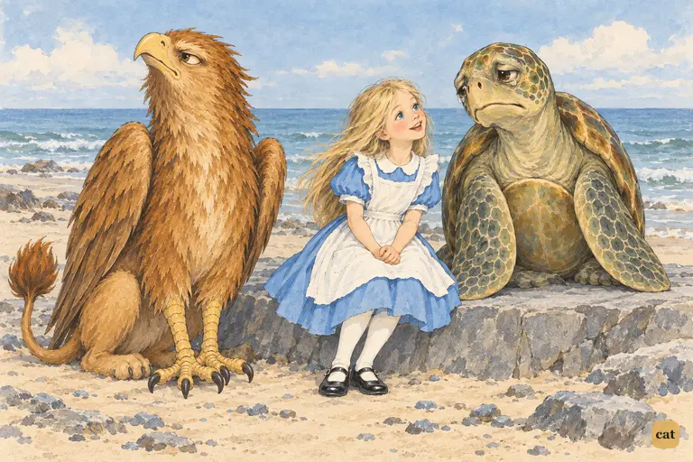 On the seashore ledge, Alice eagerly asks the Mock Turtle for a song.