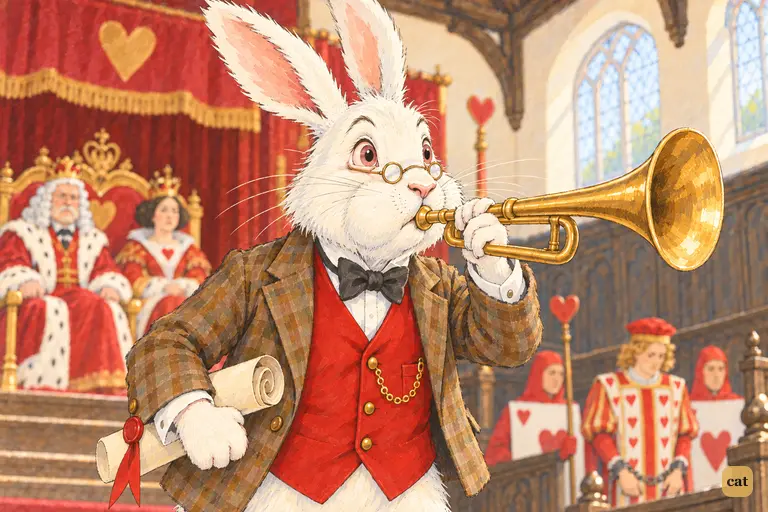 The White Rabbit blows three trumpet blasts to call the first witness