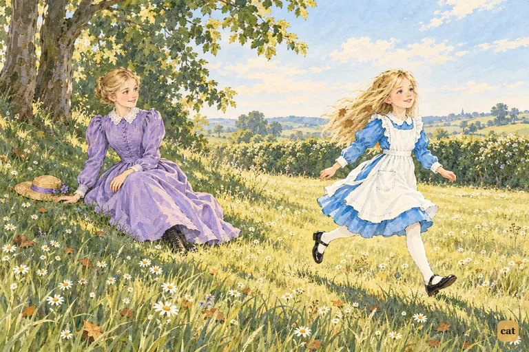 Alice runs across the sunny daisy field toward home, still full of her wonderful dream.