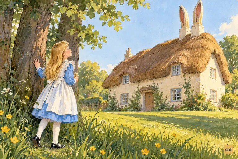 Alice looks up at the March Hare's huge house with hare-ear chimneys and a fur roof