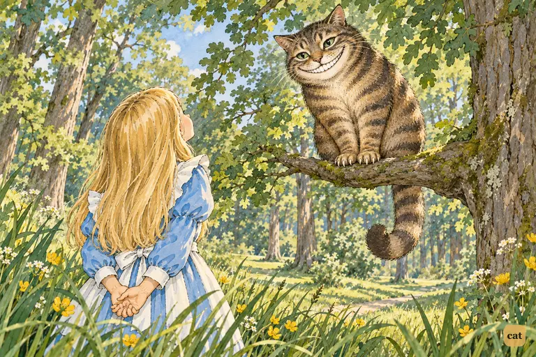 Tiny Alice in the tall grass politely asks the grinning Cheshire Cat which way to go