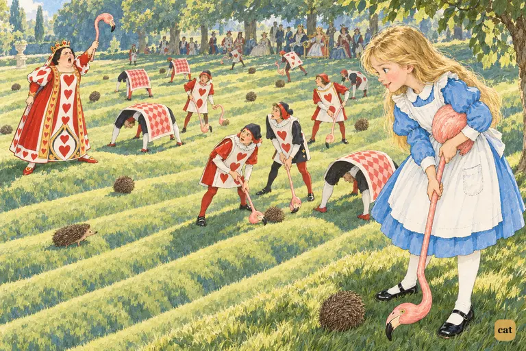 Alice looks down from a grassy ridge over the Queen's ridged and furrowed croquet-ground.