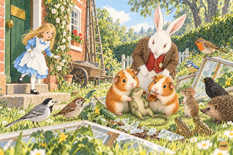 Alice, now only three inches tall, slips out of the White Rabbit's front door into the sunny garden.