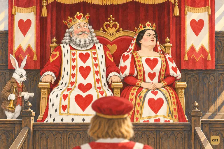 Alice looks up at the King of Hearts, bolt upright so his crown stays on his wig