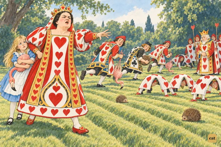 The Queen of Hearts strides back onto the croquet-ground, a frightened Alice behind her